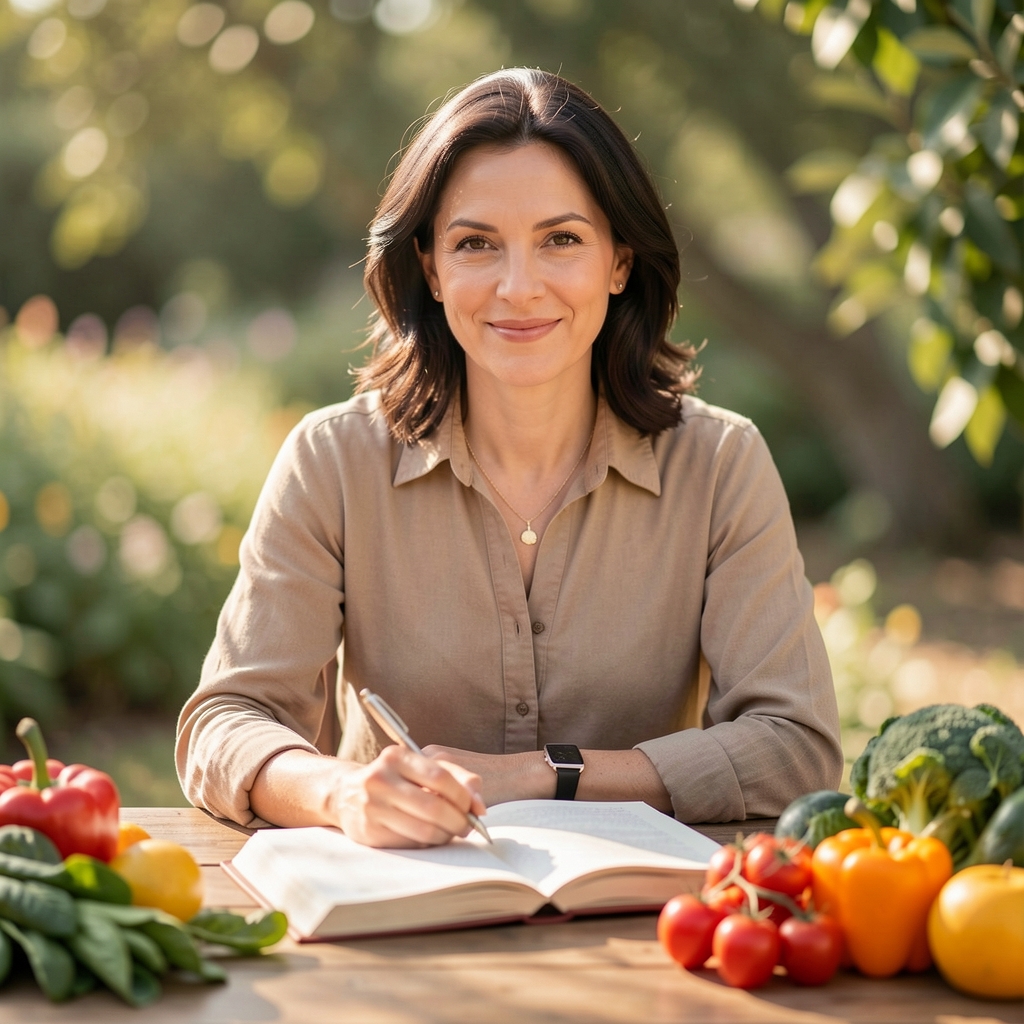 Editorial portrait of a nutrition writer at a desk with open notebooks, soft directional light, professional setting