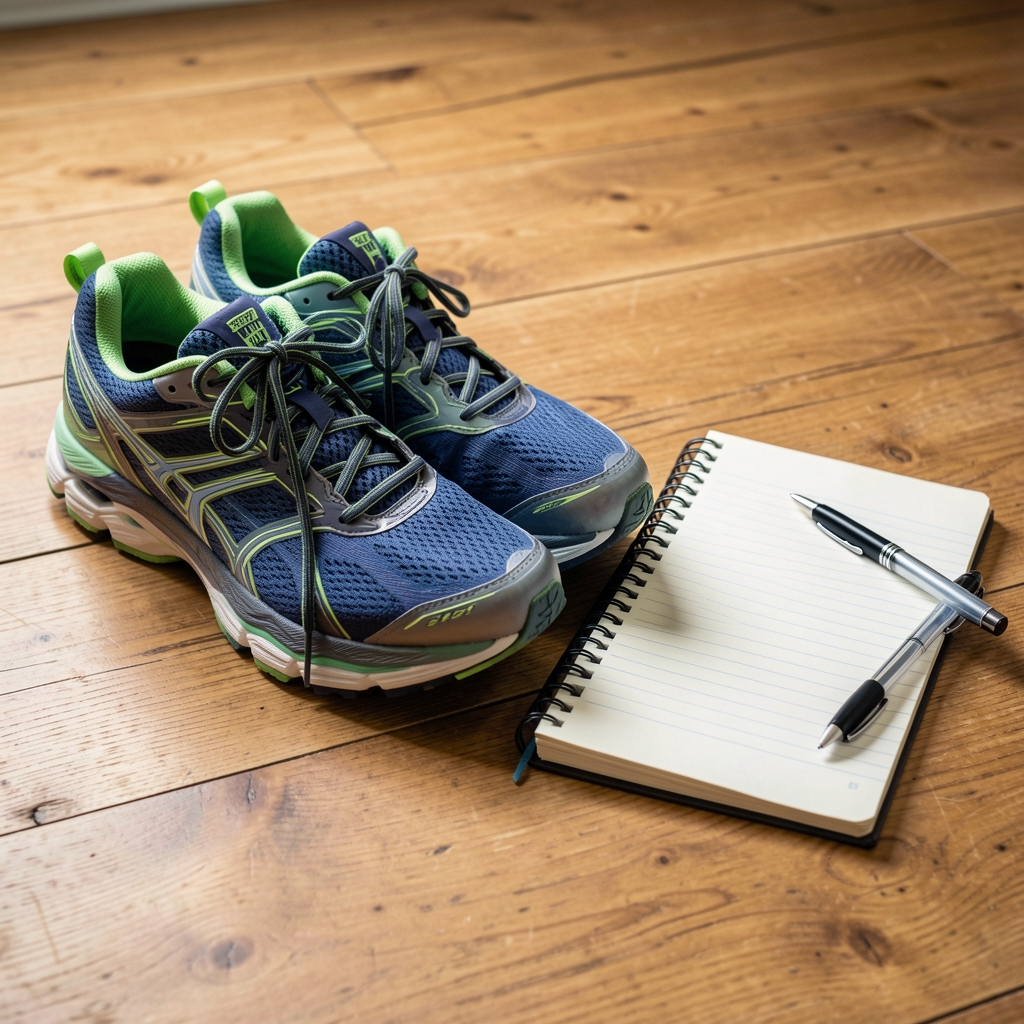 Running shoes placed beside a notebook and pen on a wooden floor, preparation for daily movement record
